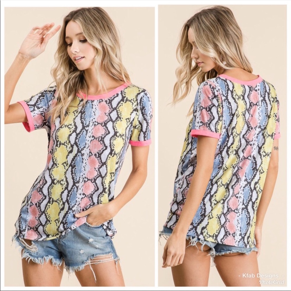 LAST ONE! Snakeskin Print Top w/ Contrast Trim